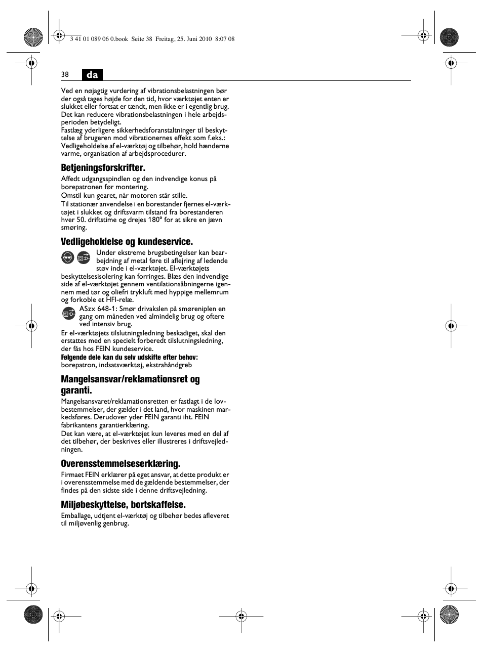 Betjeningsforskrifter, Vedligeholdelse og kundeservice, Mangelsansvar/reklamationsret og garanti | Overensstemmelseserklæring, Miljøbeskyttelse, bortskaffelse | Fein ASzx-648-1 User Manual | Page 38 / 65