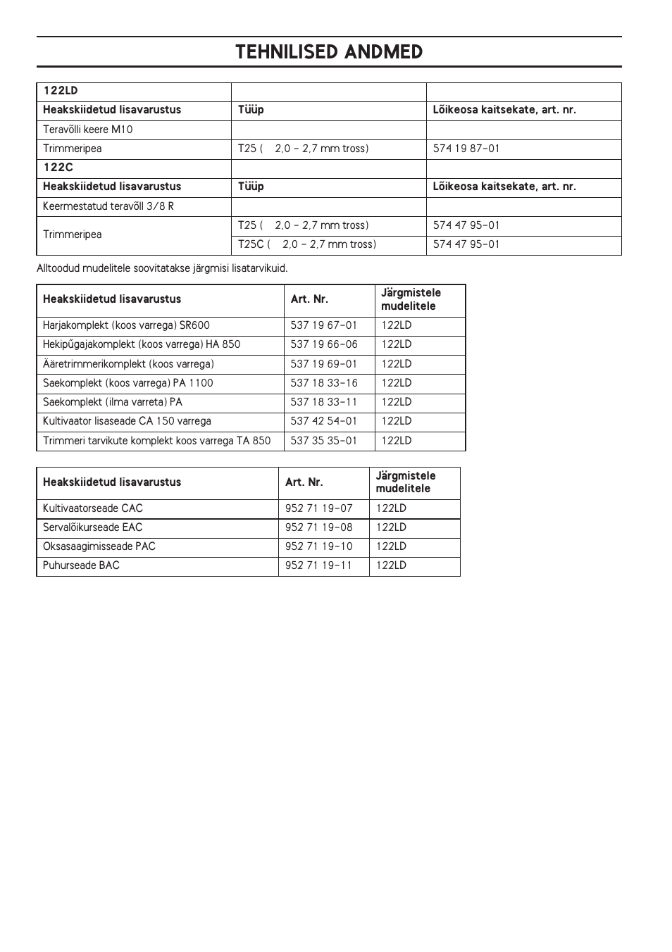 Tehnilised andmed | Husqvarna 122LD User Manual | Page 274 / 642