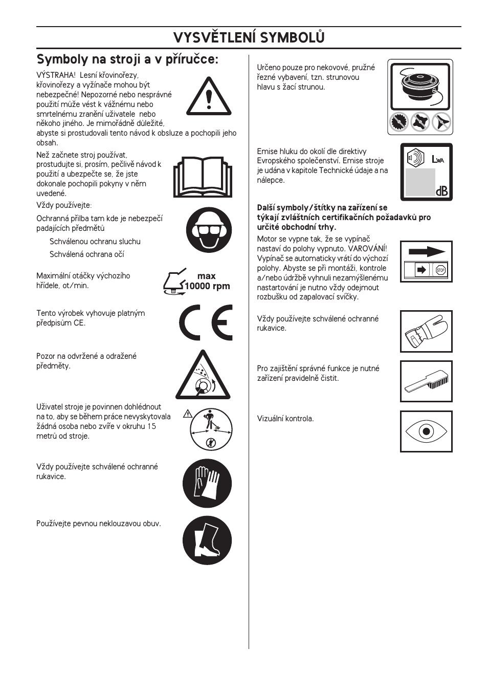 Symboly na stroji a v pﬁíruãce, Vysvùtlení symbolò | Husqvarna 122LD User Manual | Page 387 / 642