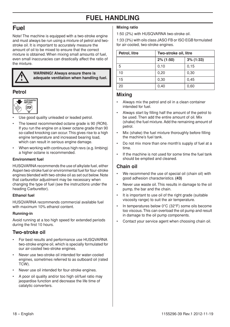 Fuel handling, Fuel, Petrol | Two-stroke oil, Mixing, Chain oil | Husqvarna 135E User Manual | Page 18 / 382