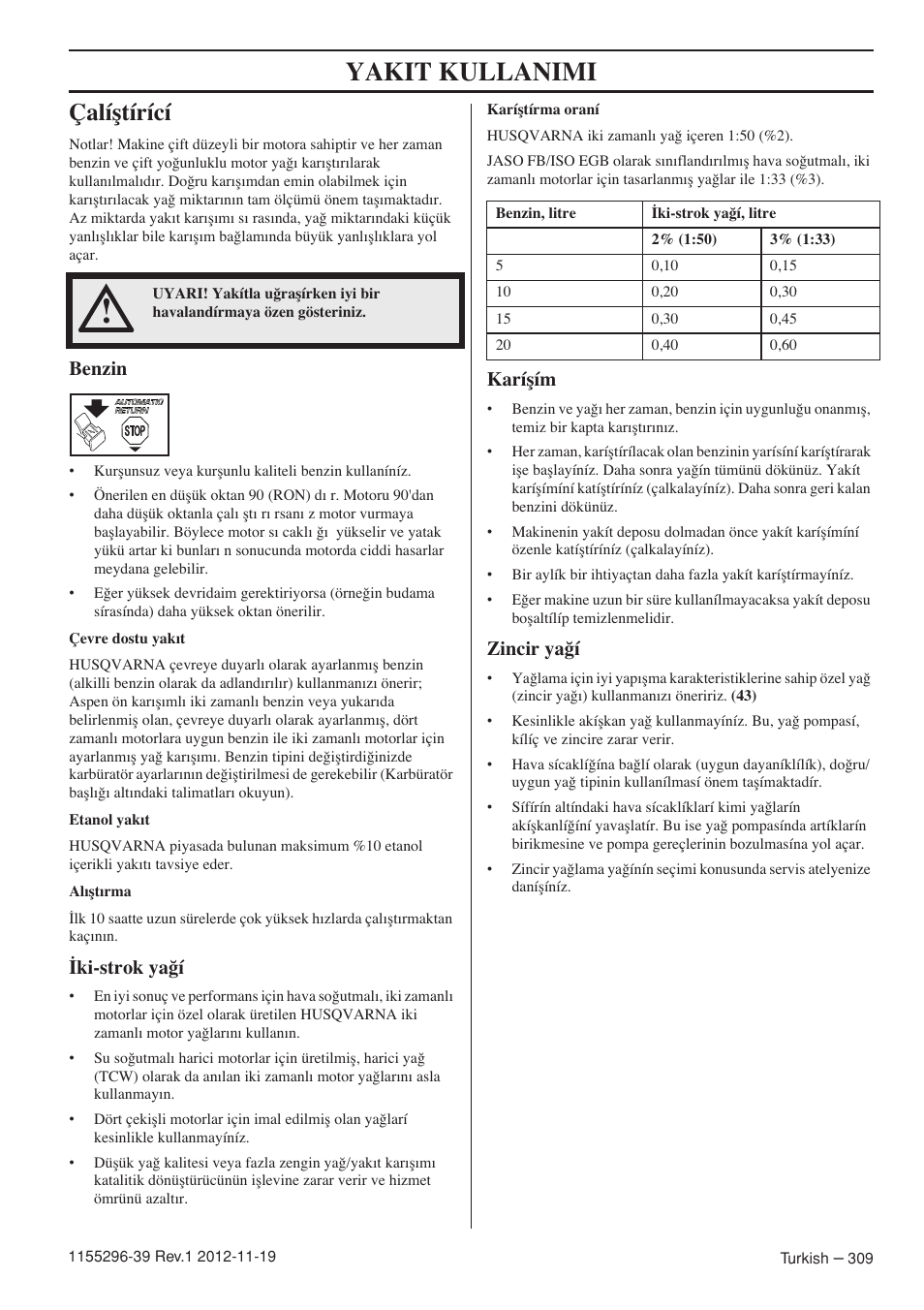 Yakit kullanimi, Çalíﬂtírící, Benzin | Ki-strok ya¤í, Karíﬂím, Zincir ya¤í | Husqvarna 135E User Manual | Page 309 / 382