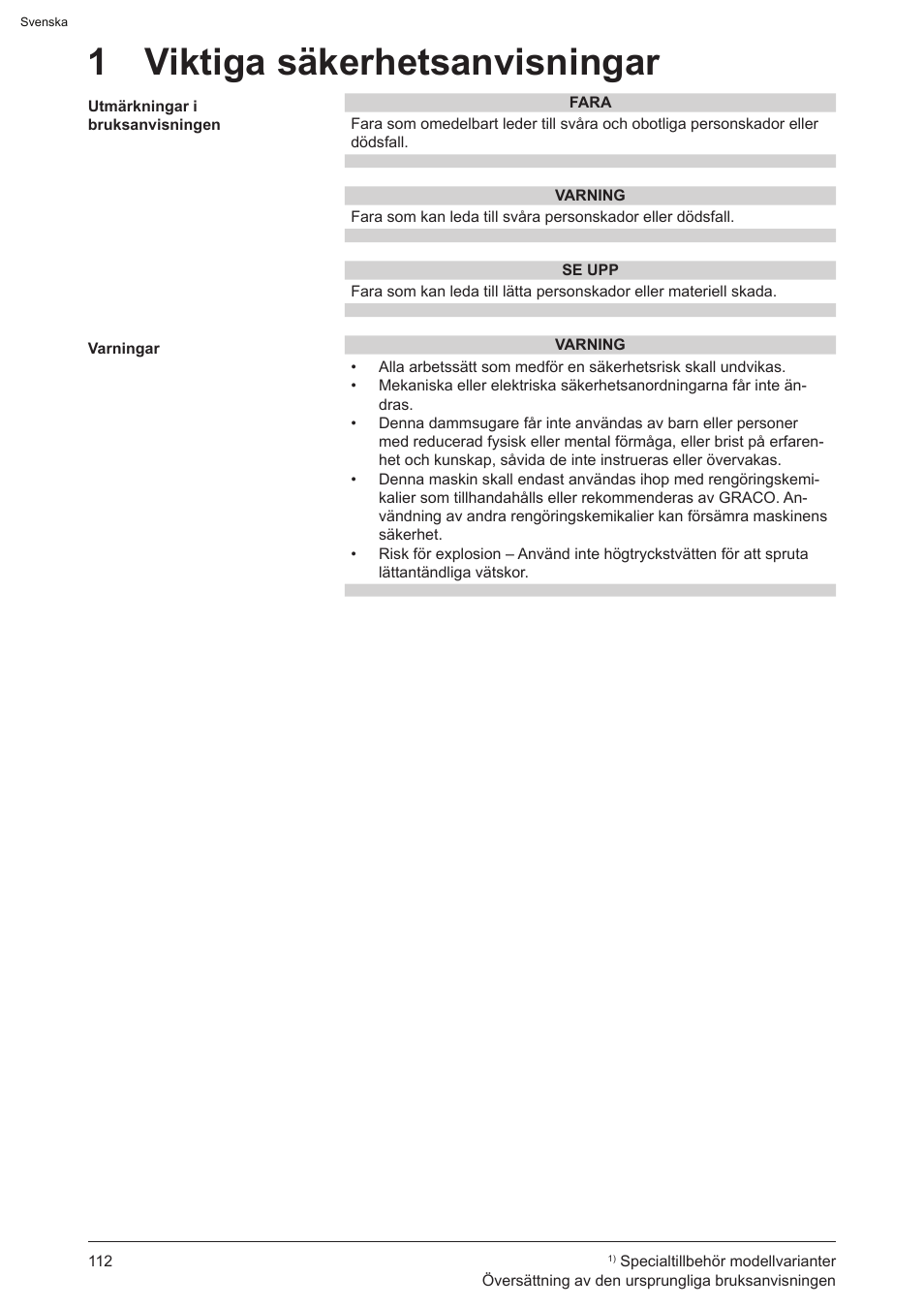1 viktiga säkerhetsanvisningar | Graco AquaMax-E 3050 User Manual | Page 112 / 396