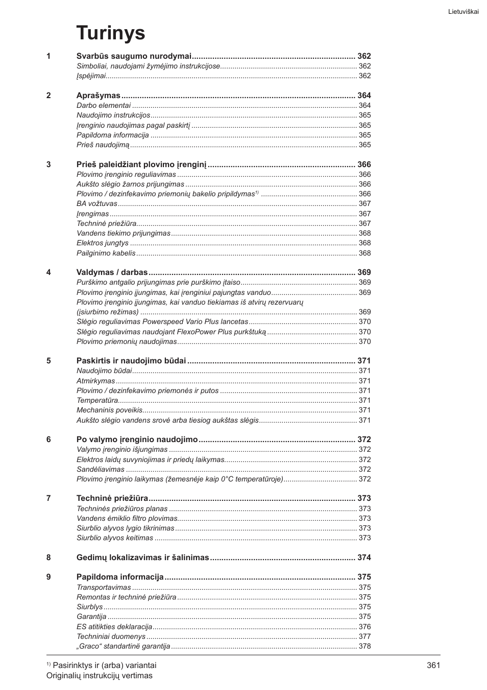 Turinys | Graco AquaMax-E 3050 User Manual | Page 361 / 396