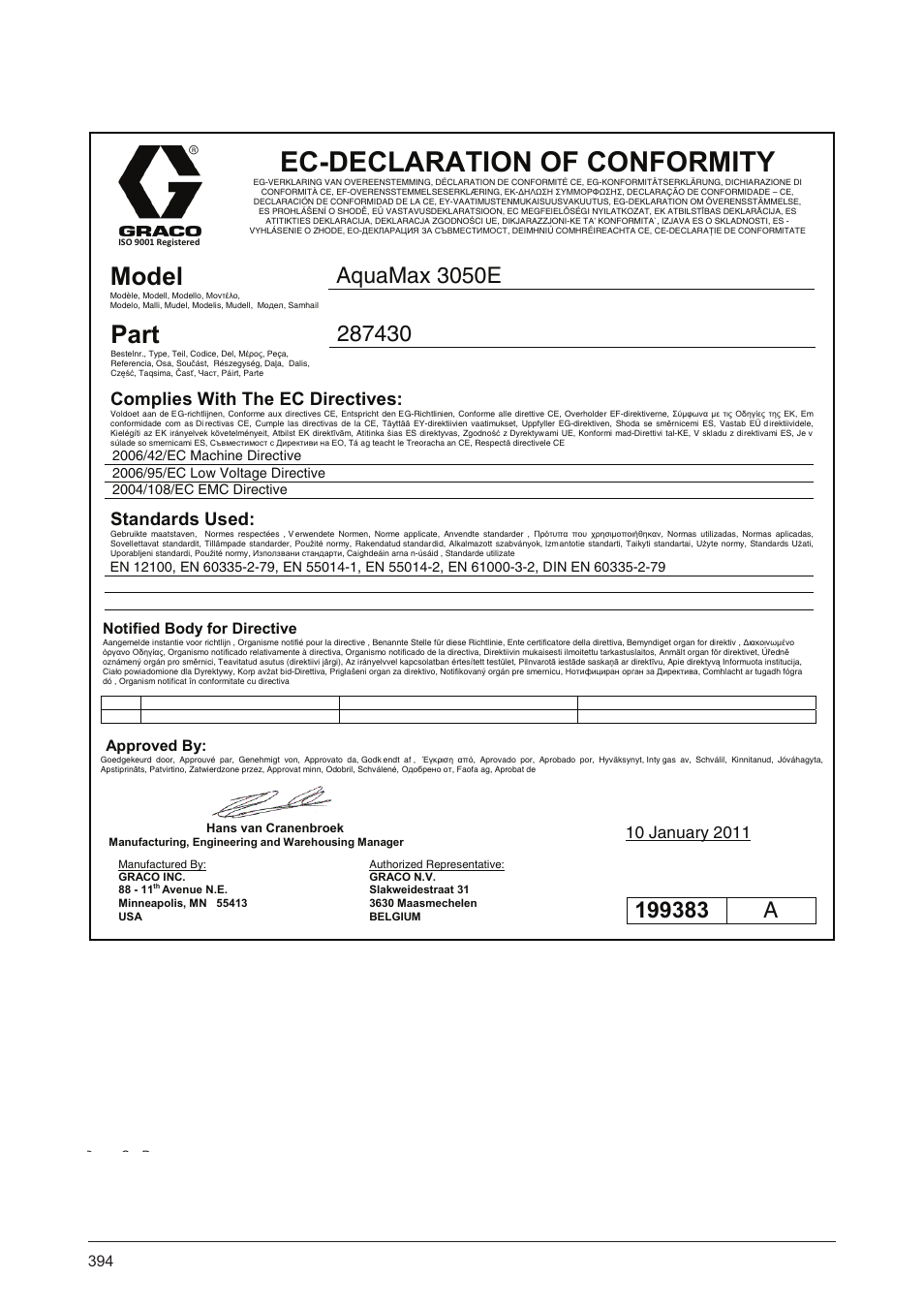 Ec-declaration of conformity, Model, Part | Qua-ax, Complies with the ec directives, Standards used | Graco AquaMax-E 3050 User Manual | Page 394 / 396