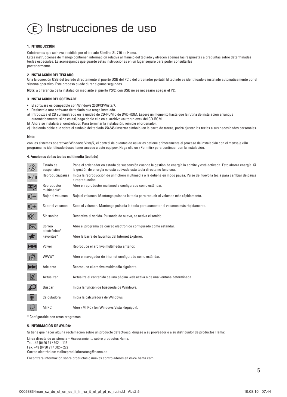 Einstrucciones de uso | Hama Media Keyboard User Manual | Page 6 / 21