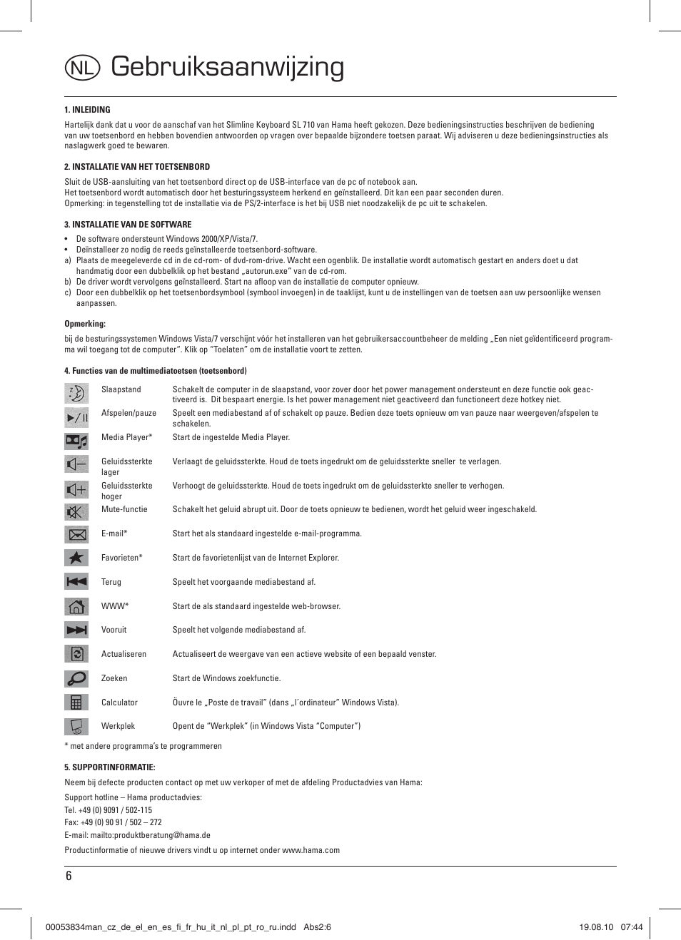 O gebruiksaanwijzing | Hama Media Keyboard User Manual | Page 7 / 21