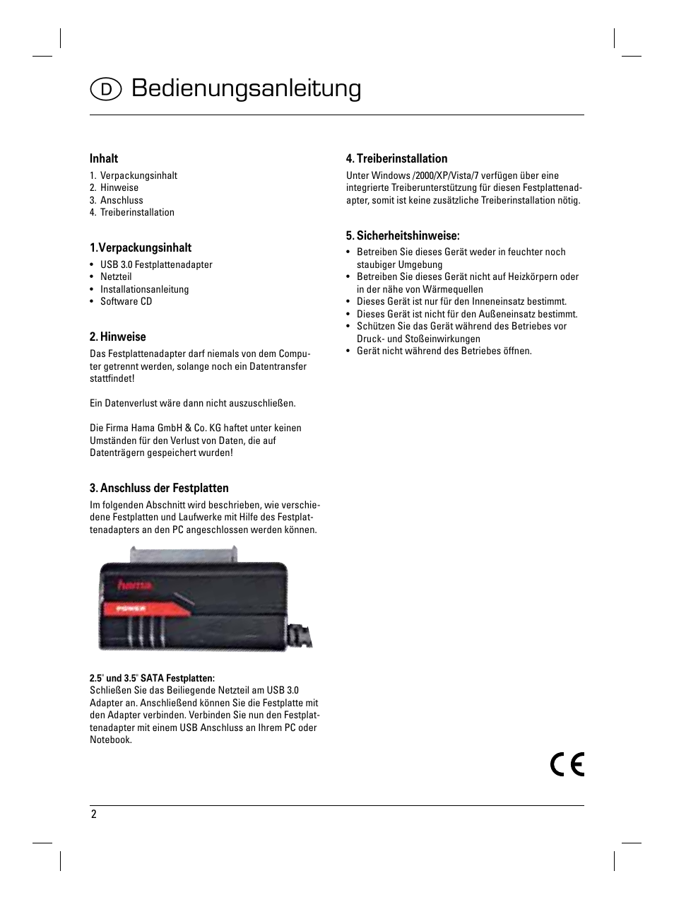 D bedienungsanleitung | Hama USB 3.0 SATA Hard Disk Adapter User Manual | Page 3 / 22