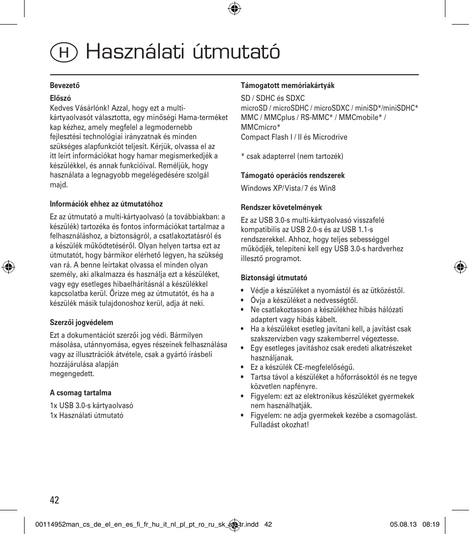 Hhasználati útmutató | Hama Card Reader SuperSpeed 3in1 User Manual | Page 42 / 70