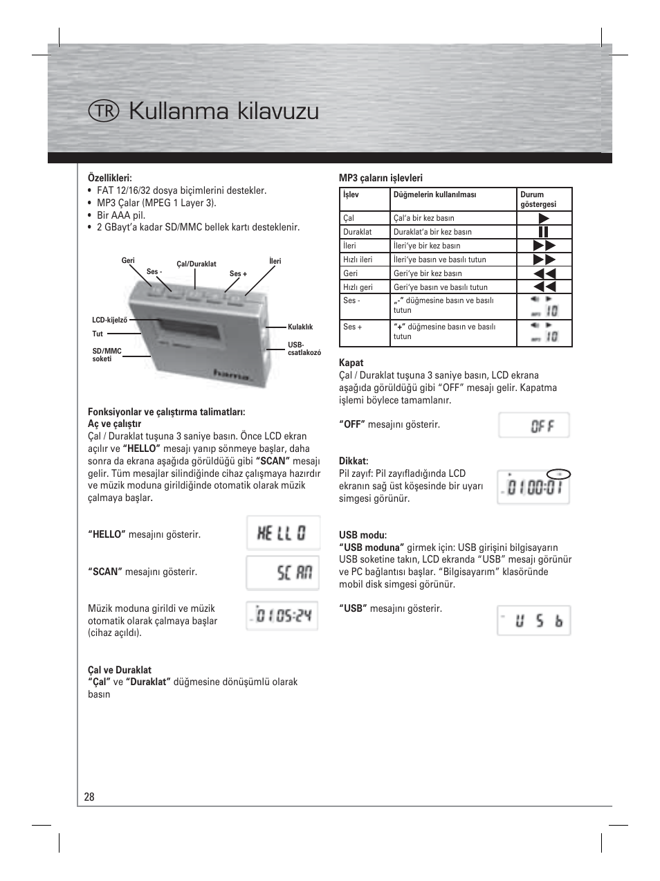 Kullanma kilavuzu t | Hama Card Reader with MP3 Player User Manual | Page 29 / 40