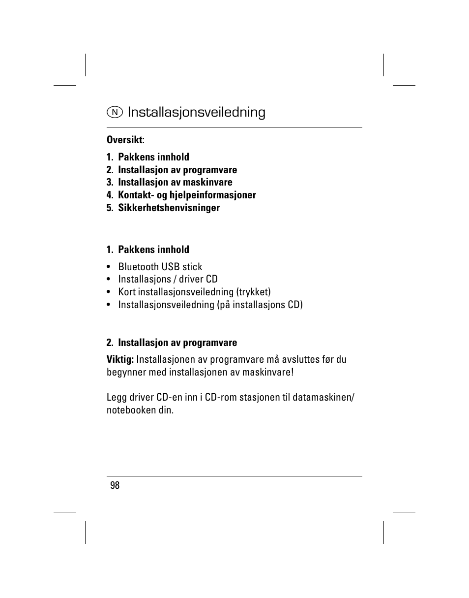 Installasjonsveiledning | Hama Nano Bluetooth USB Adapter User Manual | Page 99 / 106