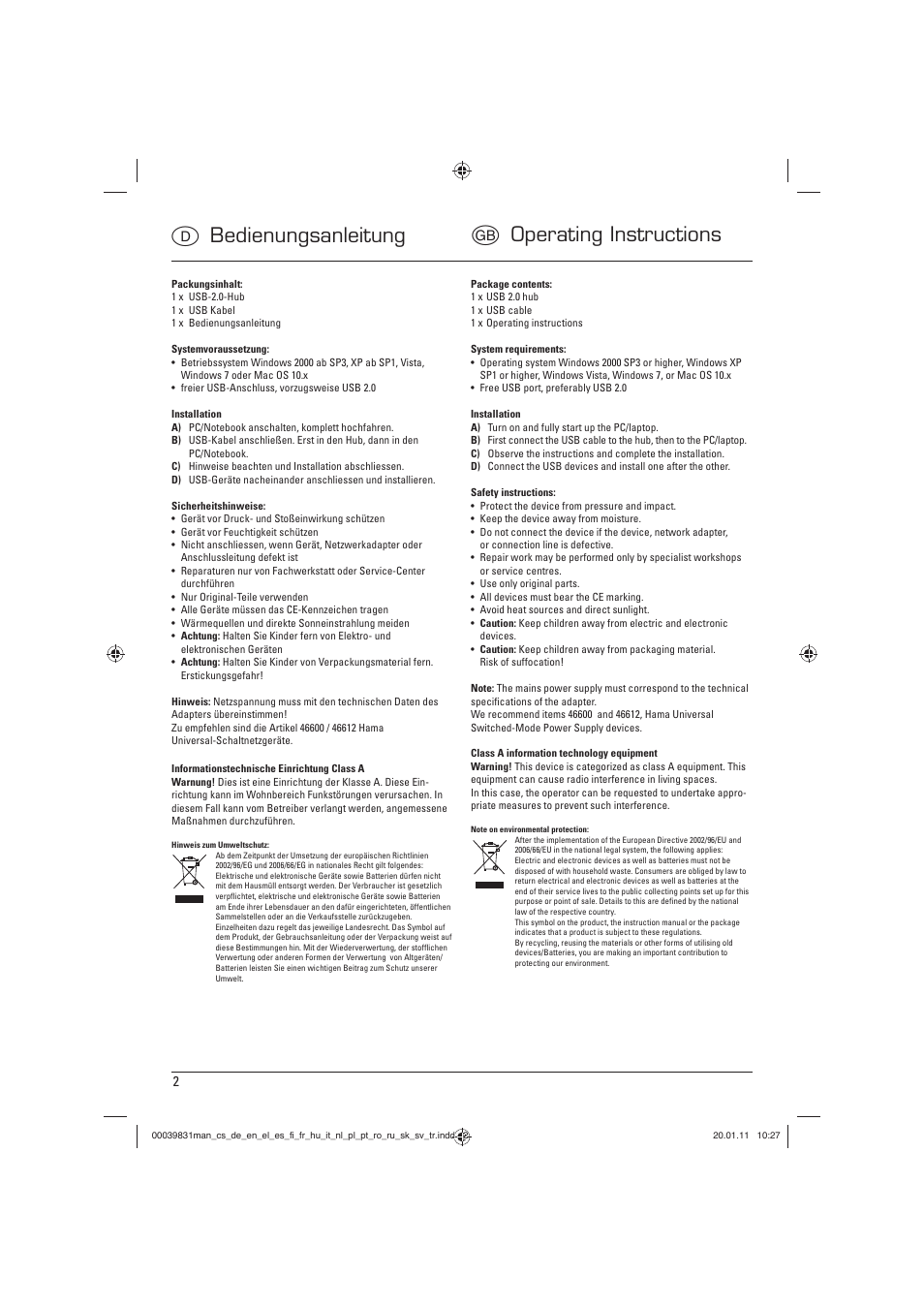 D bedienungsanleitung g operating instructions | Hama USB 2.0 Hub Premium Silver User Manual | Page 5 / 12