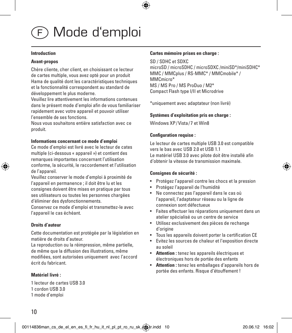 Fmode d‘emploi | Hama Card Reader SuperSpeed Slim User Manual | Page 10 / 70