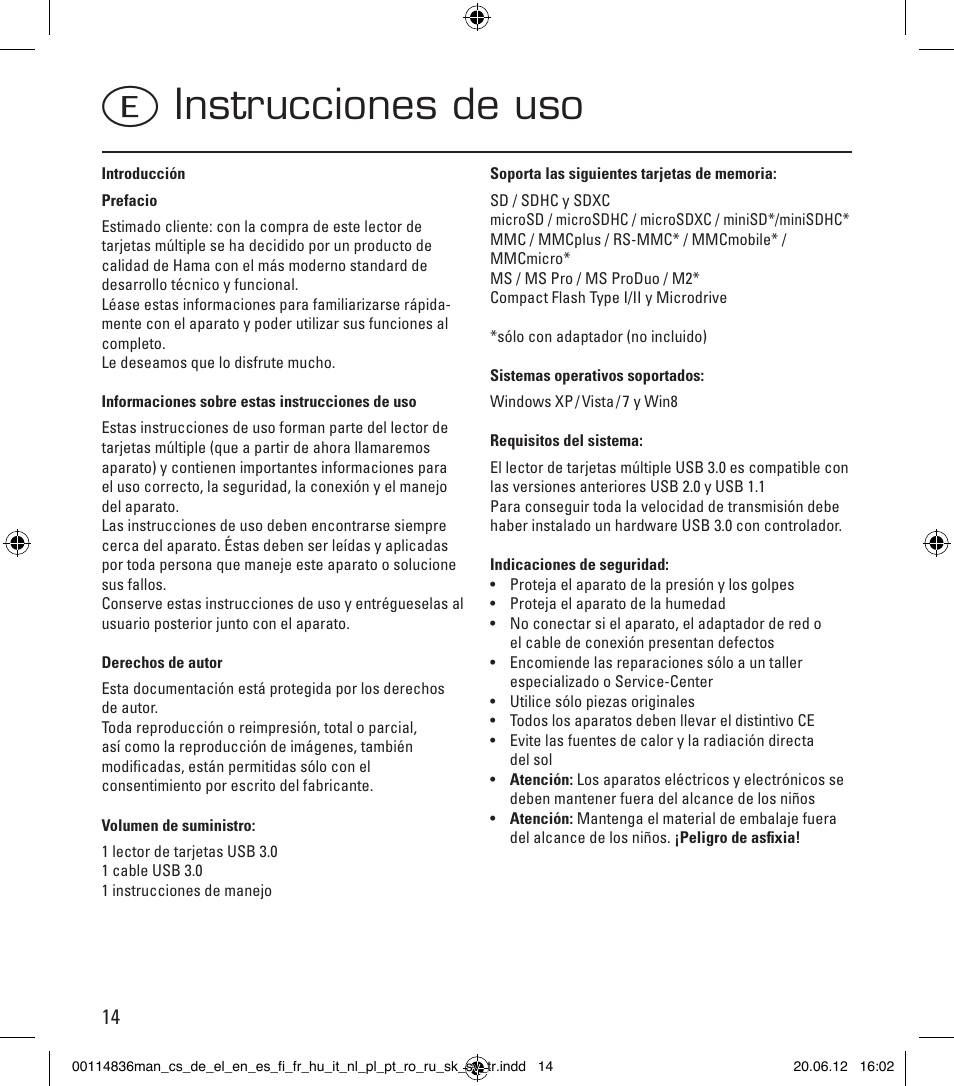 Einstrucciones de uso | Hama Card Reader SuperSpeed Slim User Manual | Page 14 / 70