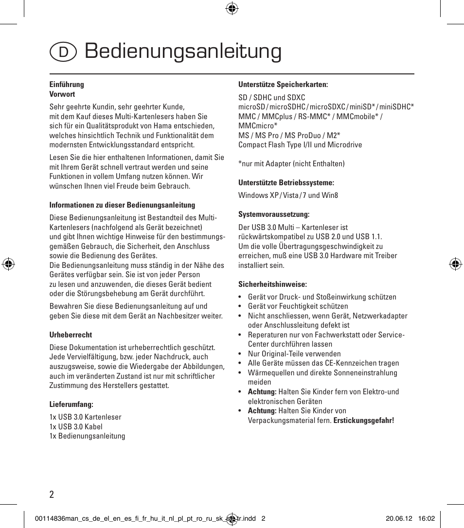 Dbedienungsanleitung | Hama Card Reader SuperSpeed Slim User Manual | Page 2 / 70