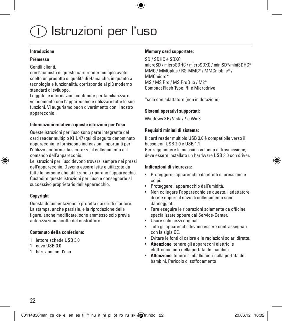 Iistruzioni per l‘uso | Hama Card Reader SuperSpeed Slim User Manual | Page 22 / 70