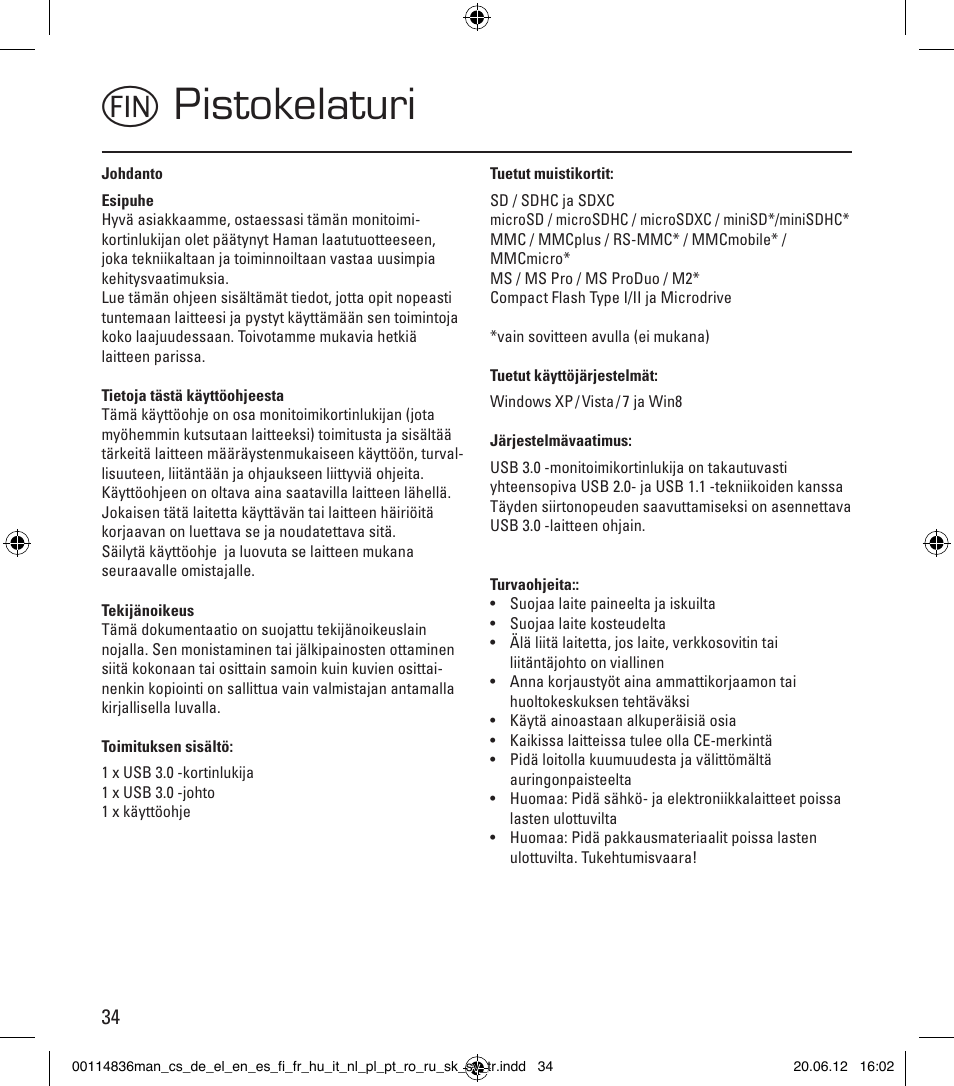 Mpistokelaturi | Hama Card Reader SuperSpeed Slim User Manual | Page 34 / 70