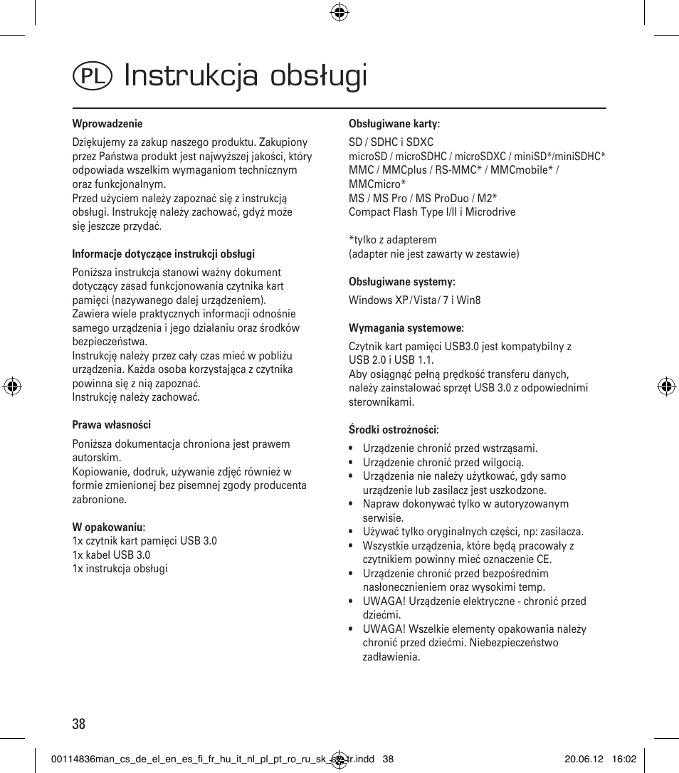 Qinstrukcja obsługi | Hama Card Reader SuperSpeed Slim User Manual | Page 38 / 70