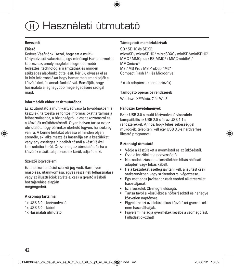 Hhasználati útmutató | Hama Card Reader SuperSpeed Slim User Manual | Page 42 / 70