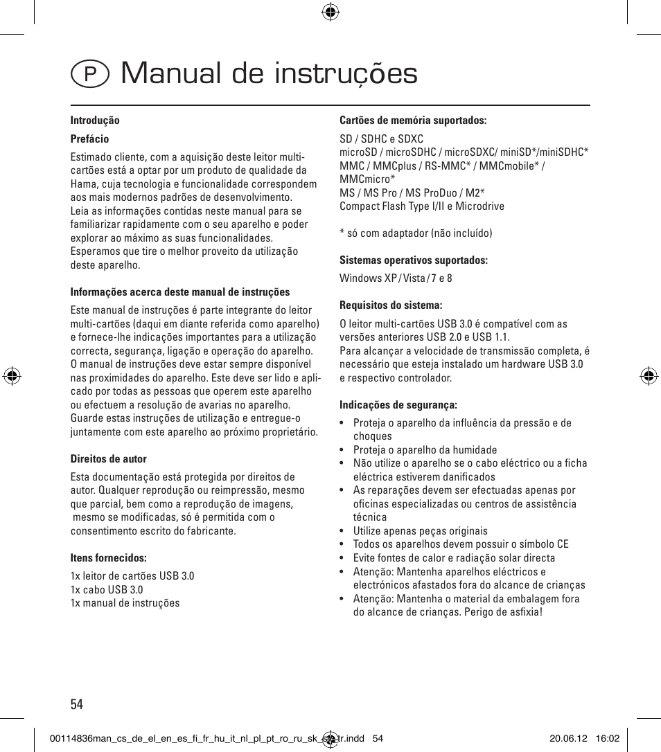 Pmanual de instruções | Hama Card Reader SuperSpeed Slim User Manual | Page 54 / 70