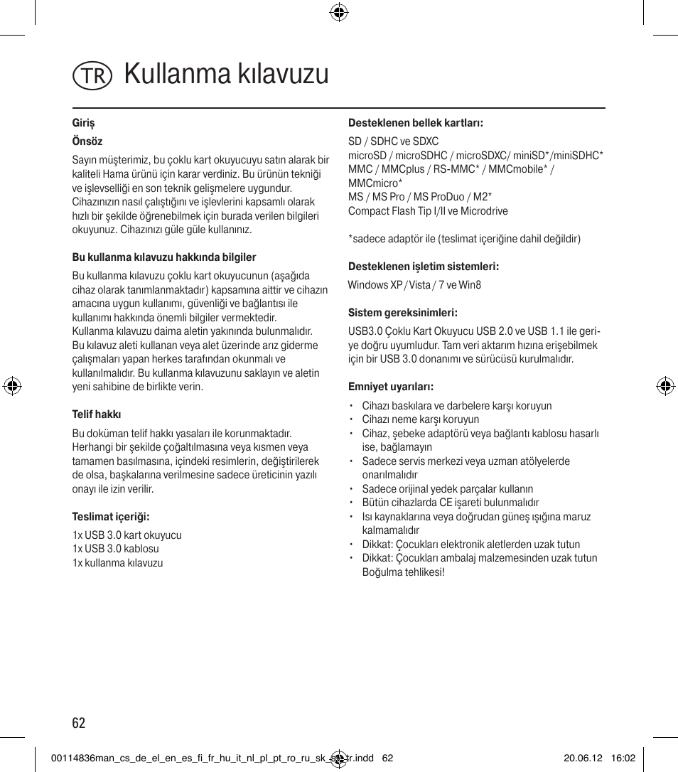 Tkullanma kılavuzu | Hama Card Reader SuperSpeed Slim User Manual | Page 62 / 70