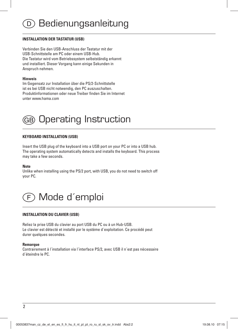 D bedienungsanleitung g operating instruction, F mode d´emploi | Hama Basic Keyboard 2000 User Manual | Page 3 / 10