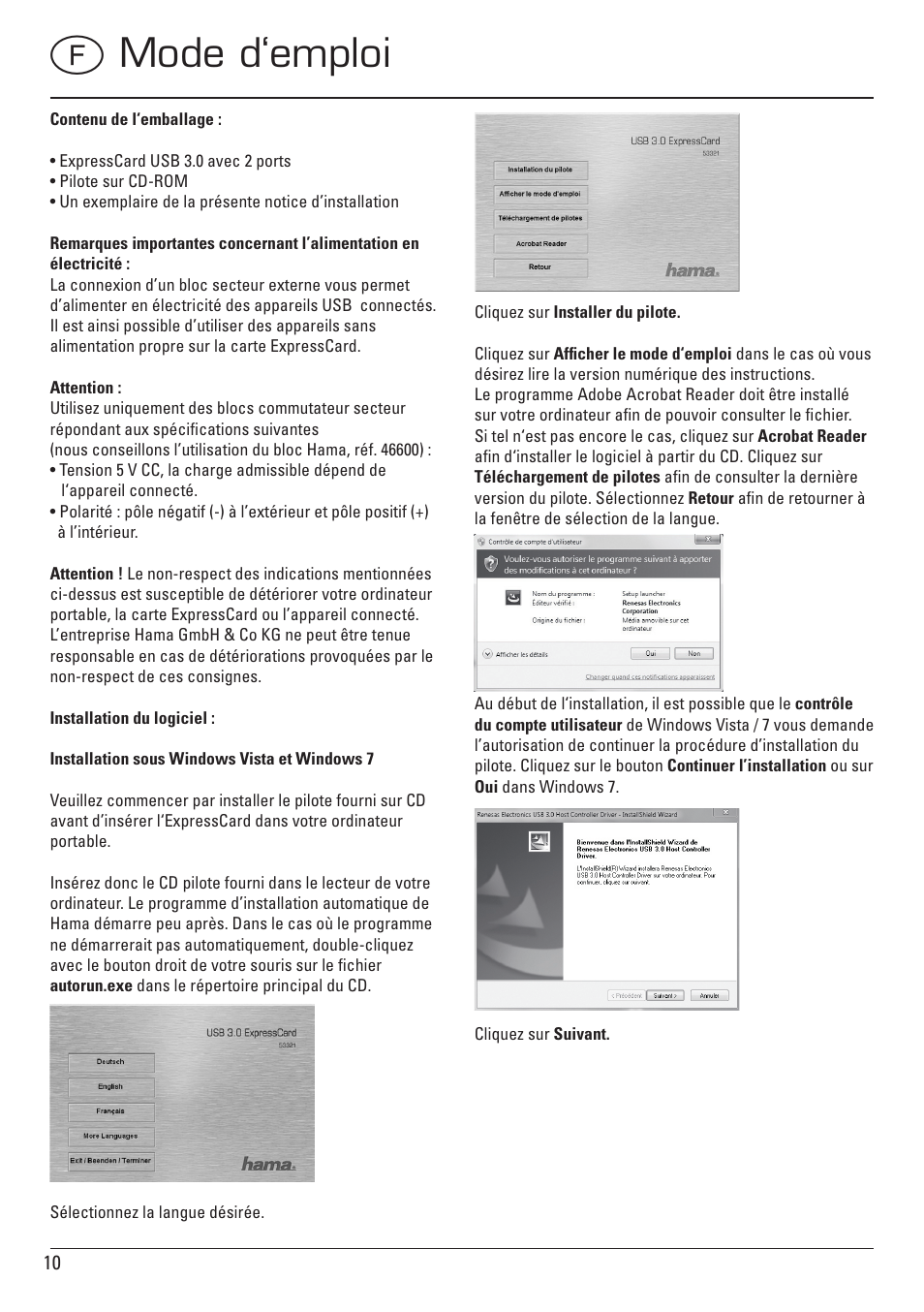 Fmode d‘emploi | Hama ExpressCard USB 3.0 User Manual | Page 10 / 72