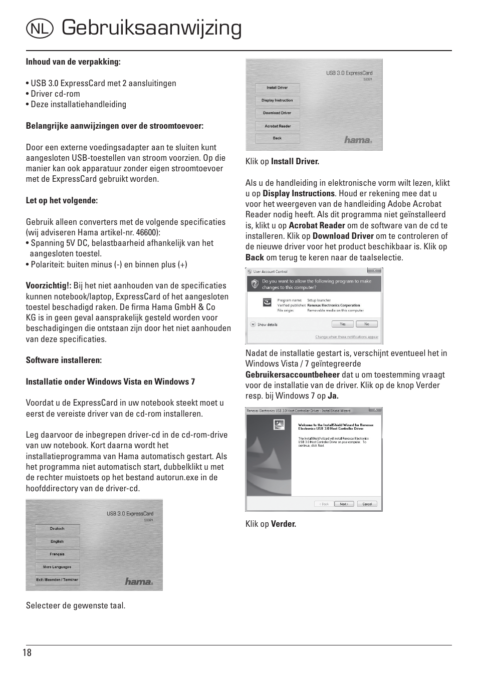 Ogebruiksaanwijzing | Hama ExpressCard USB 3.0 User Manual | Page 18 / 72