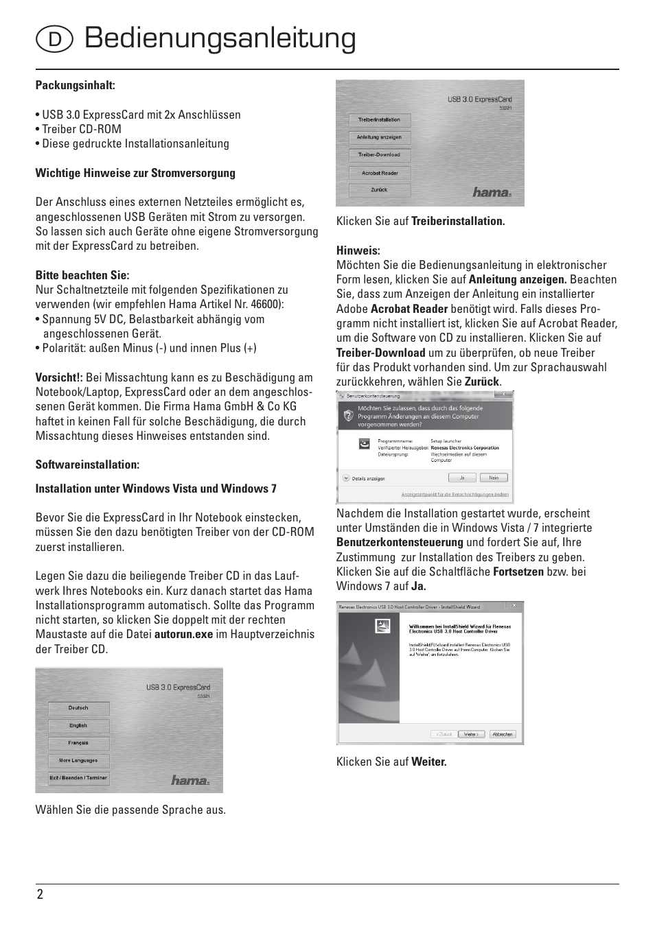 Dbedienungsanleitung | Hama ExpressCard USB 3.0 User Manual | Page 2 / 72