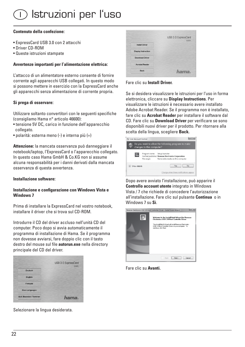 Iistruzioni per l‘uso | Hama ExpressCard USB 3.0 User Manual | Page 22 / 72