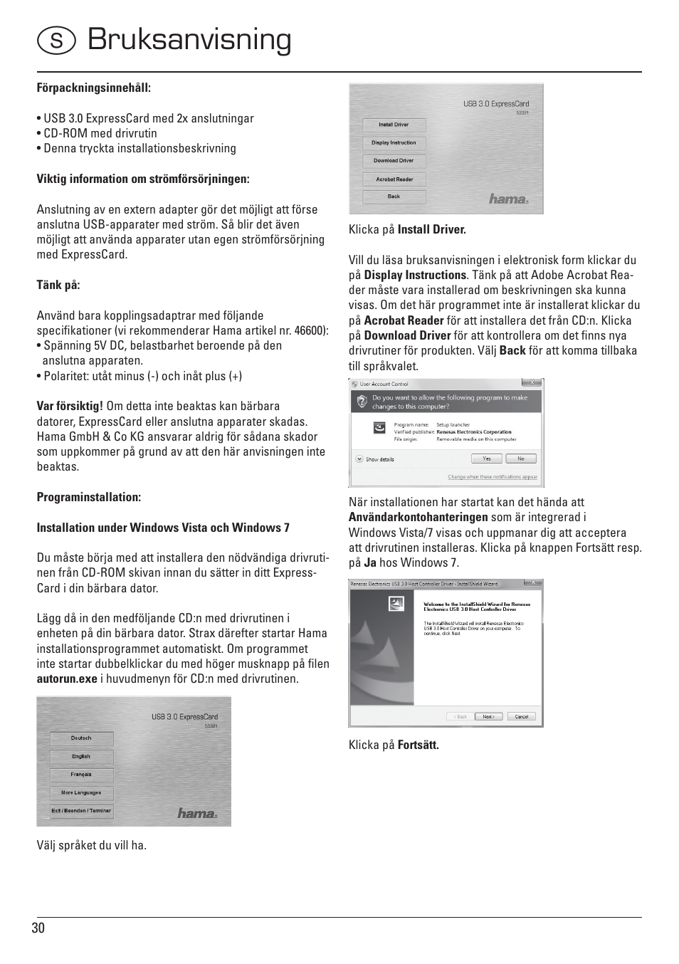 Sbruksanvisning | Hama ExpressCard USB 3.0 User Manual | Page 30 / 72