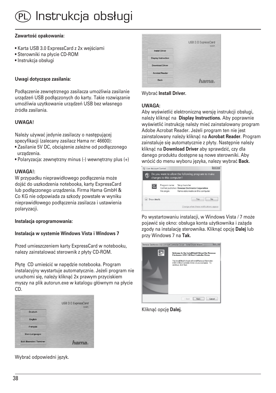 Qinstrukcja obsługi | Hama ExpressCard USB 3.0 User Manual | Page 38 / 72