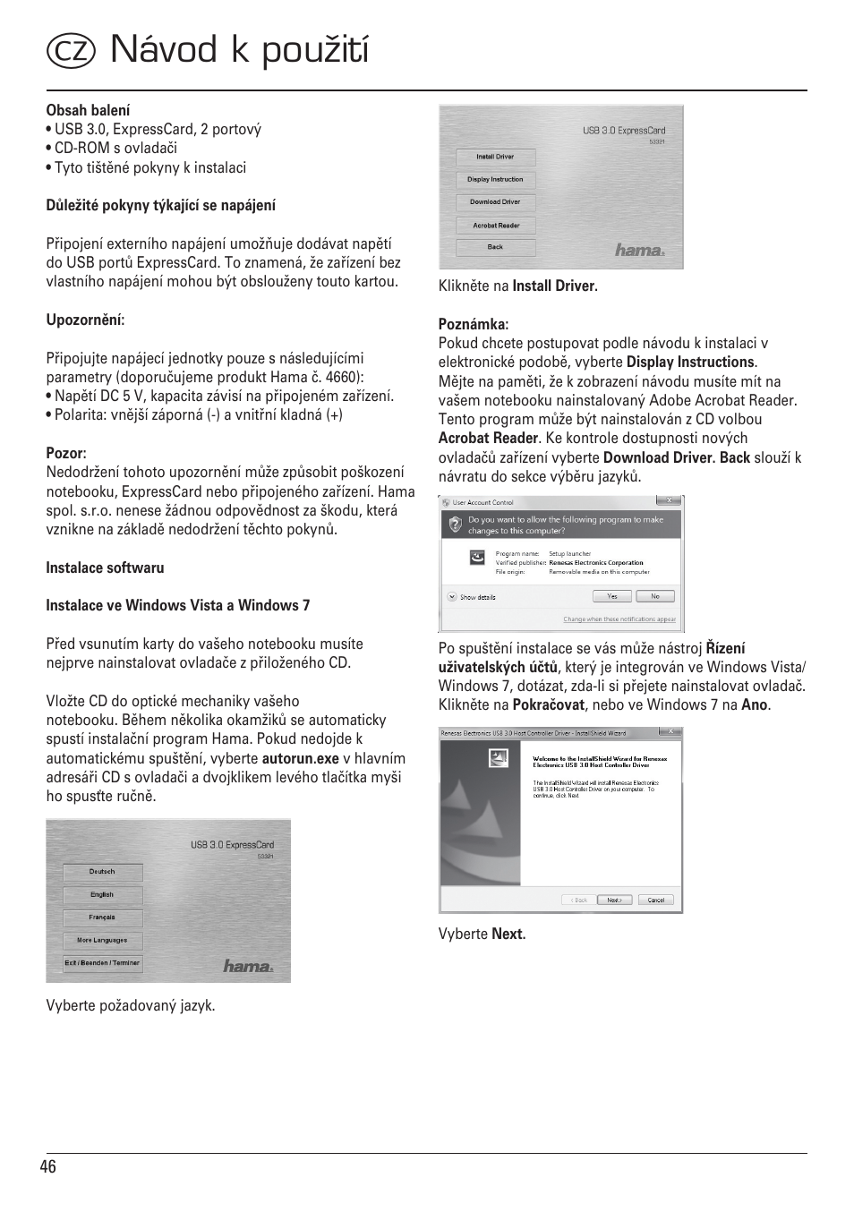 Cnávod k použití | Hama ExpressCard USB 3.0 User Manual | Page 46 / 72