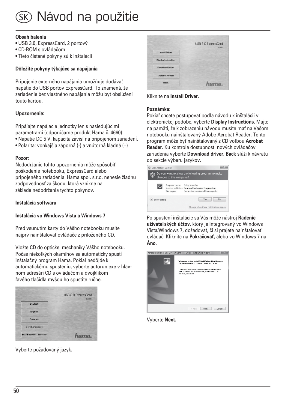Vnávod na použitie | Hama ExpressCard USB 3.0 User Manual | Page 50 / 72