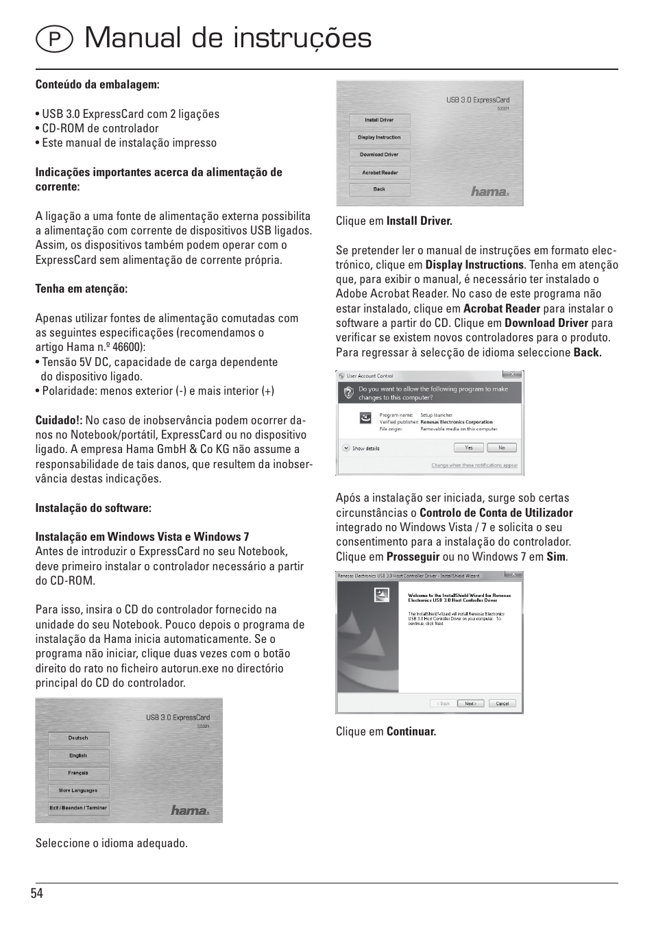 Pmanual de instruções | Hama ExpressCard USB 3.0 User Manual | Page 54 / 72