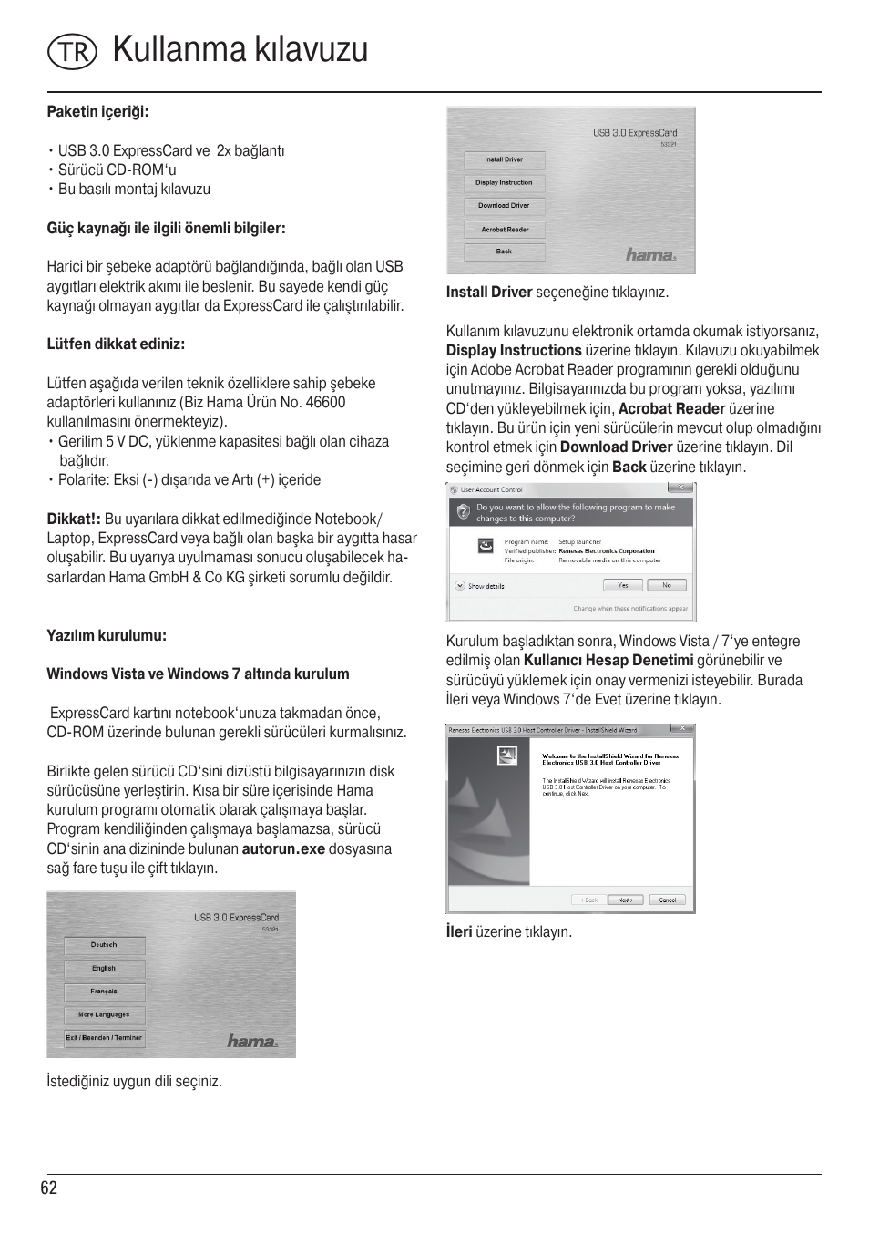 Tkullanma kılavuzu | Hama ExpressCard USB 3.0 User Manual | Page 62 / 72