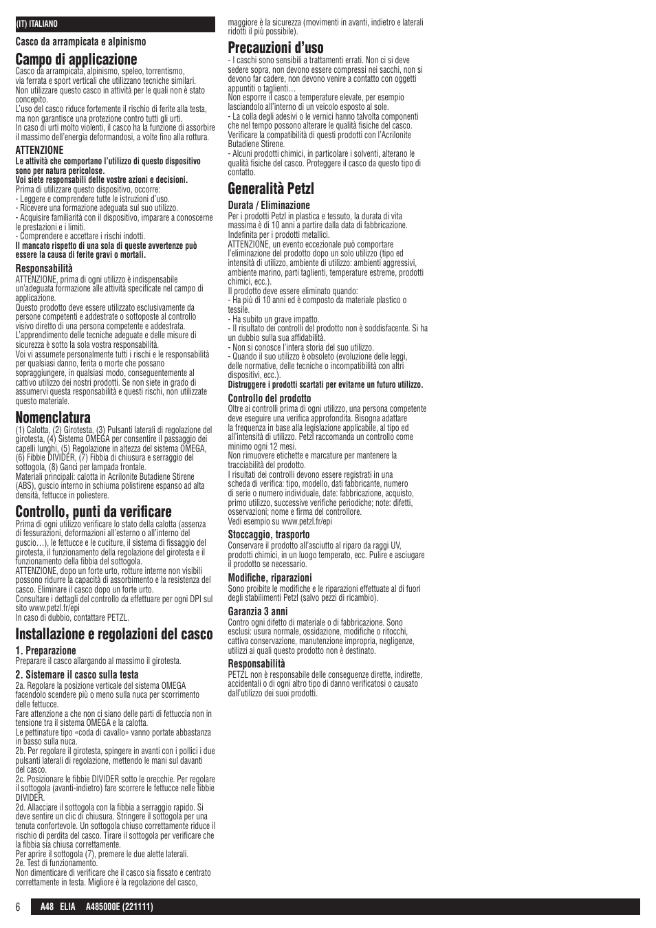 Campo di applicazione, Nomenclatura, Controllo, punti da verificare | Installazione e regolazioni del casco, Precauzioni d’uso, Generalità petzl | Petzl ELIA User Manual | Page 6 / 21