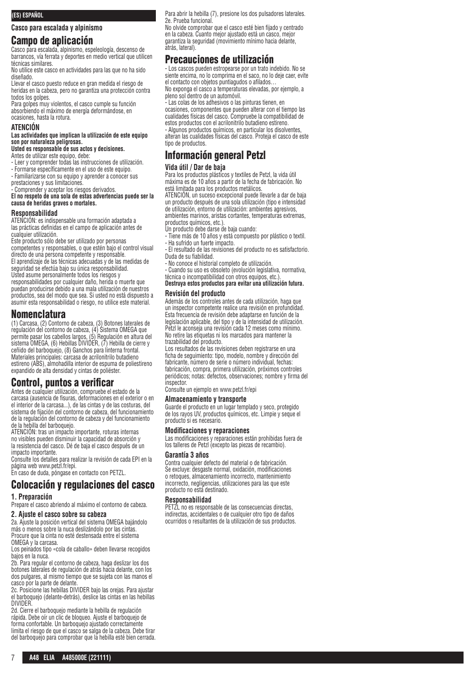 Campo de aplicación, Nomenclatura, Control, puntos a verificar | Colocación y regulaciones del casco, Precauciones de utilización, Información general petzl | Petzl ELIA User Manual | Page 7 / 21