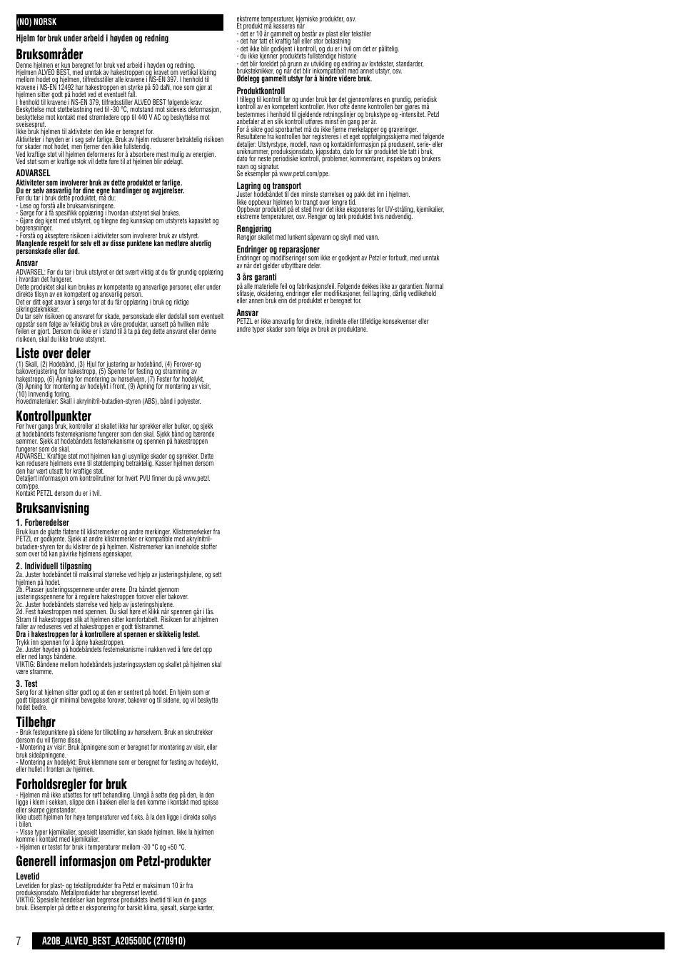 Bruksområder, Liste over deler, Kontrollpunkter | Bruksanvisning, Tilbehør, Forholdsregler for bruk, Generell informasjon om petzl-produkter | Petzl ALVEO BEST User Manual | Page 7 / 14