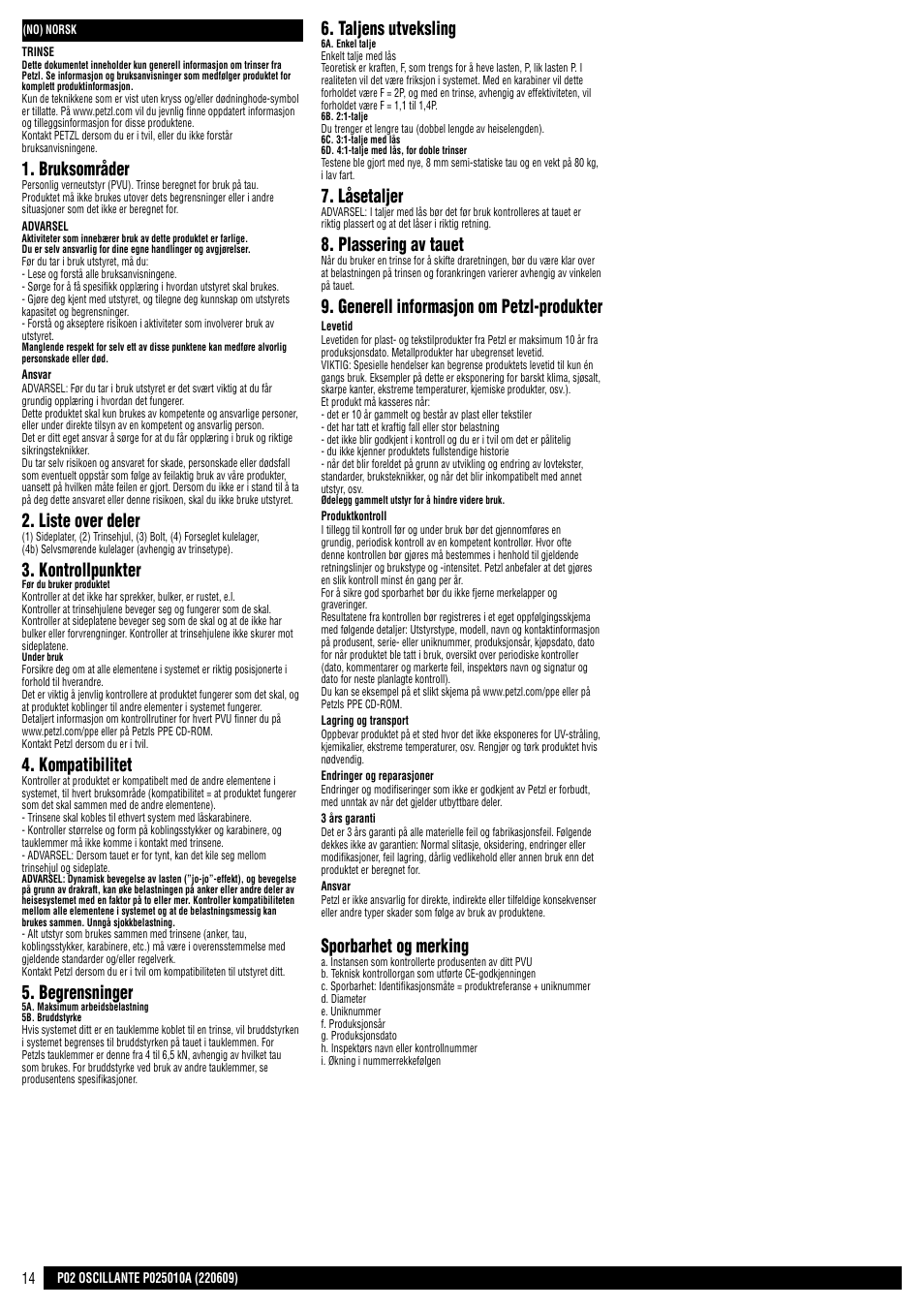 Bruksområder, Liste over deler, Kontrollpunkter | Kompatibilitet, Begrensninger, Taljens utveksling, Låsetaljer, Plassering av tauet, Generell informasjon om petzl-produkter, Sporbarhet og merking | Petzl OSCILLANTE User Manual | Page 14 / 23