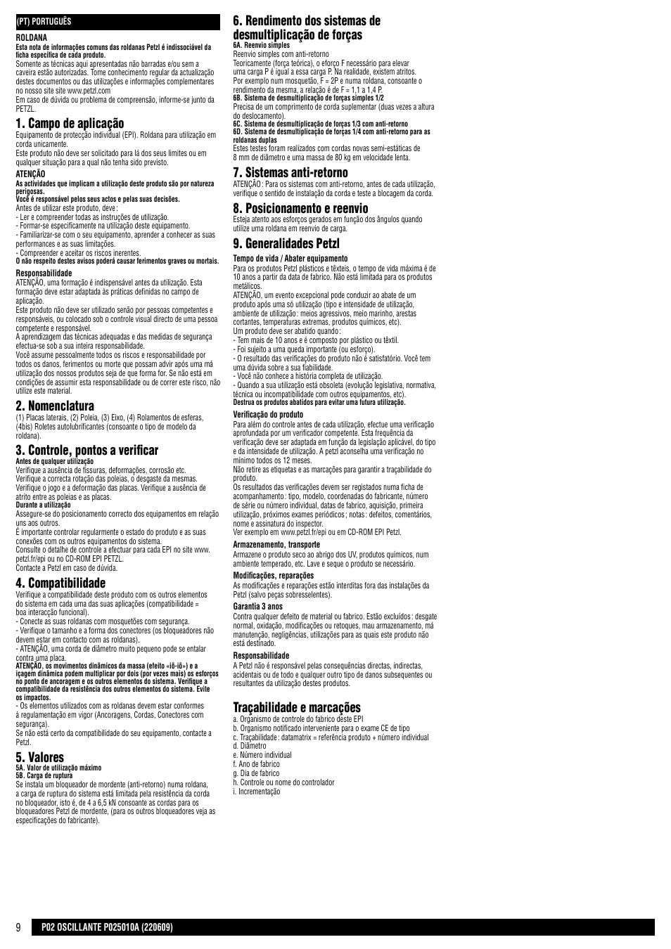 Campo de aplicação, Nomenclatura, Controle, pontos a verificar | Compatibilidade, Valores, Sistemas anti-retorno, Posicionamento e reenvio, Generalidades petzl, Traçabilidade e marcações | Petzl OSCILLANTE User Manual | Page 9 / 23