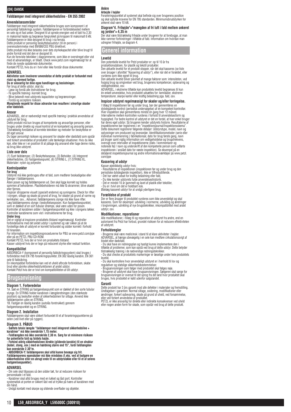 Brugsanvisning, Generel information | Petzl ABSORBICA-Y 80 MGO User Manual | Page 10 / 23