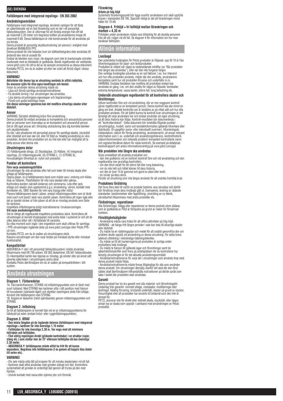 Använda utrustningen, Allmän information | Petzl ABSORBICA-Y 80 MGO User Manual | Page 11 / 23