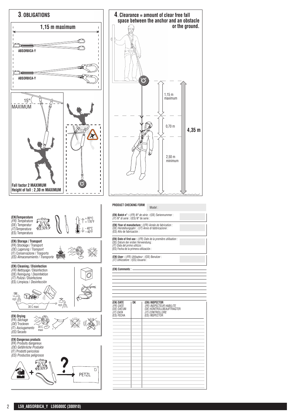 Drawings, Obligations, 1,15 m maximum | 4,35 m | Petzl ABSORBICA-Y 80 MGO User Manual | Page 2 / 23