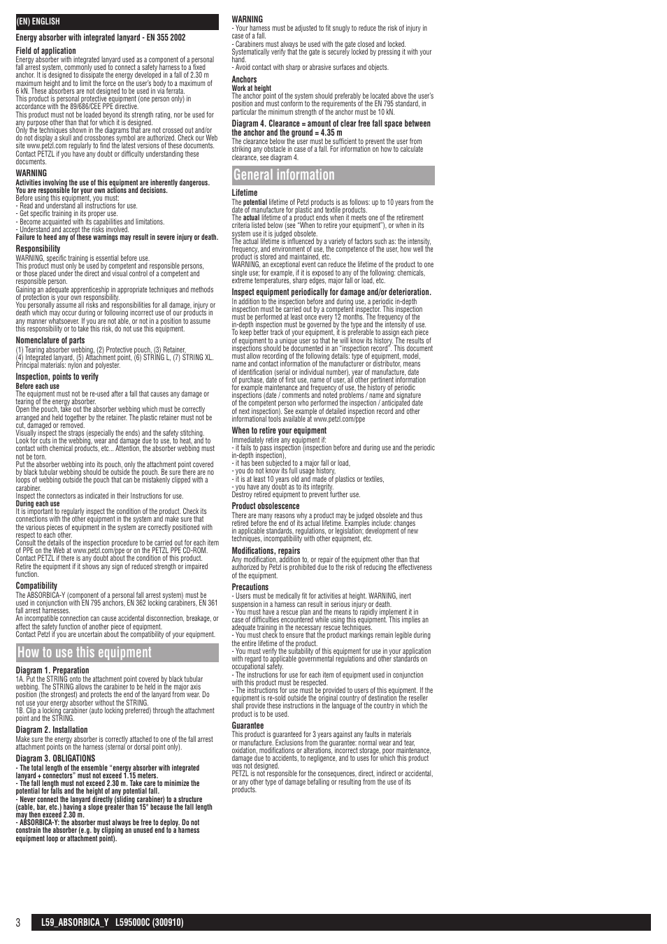 How to use this equipment, General information | Petzl ABSORBICA-Y 80 MGO User Manual | Page 3 / 23