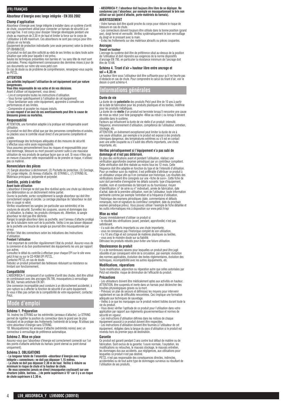 Mode d’emploi, Informations générales | Petzl ABSORBICA-Y 80 MGO User Manual | Page 4 / 23