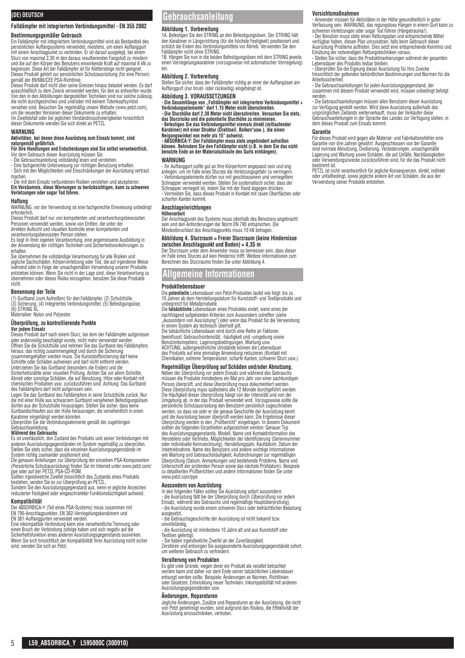 Gebrauchsanleitung, Allgemeine informationen | Petzl ABSORBICA-Y 80 MGO User Manual | Page 5 / 23