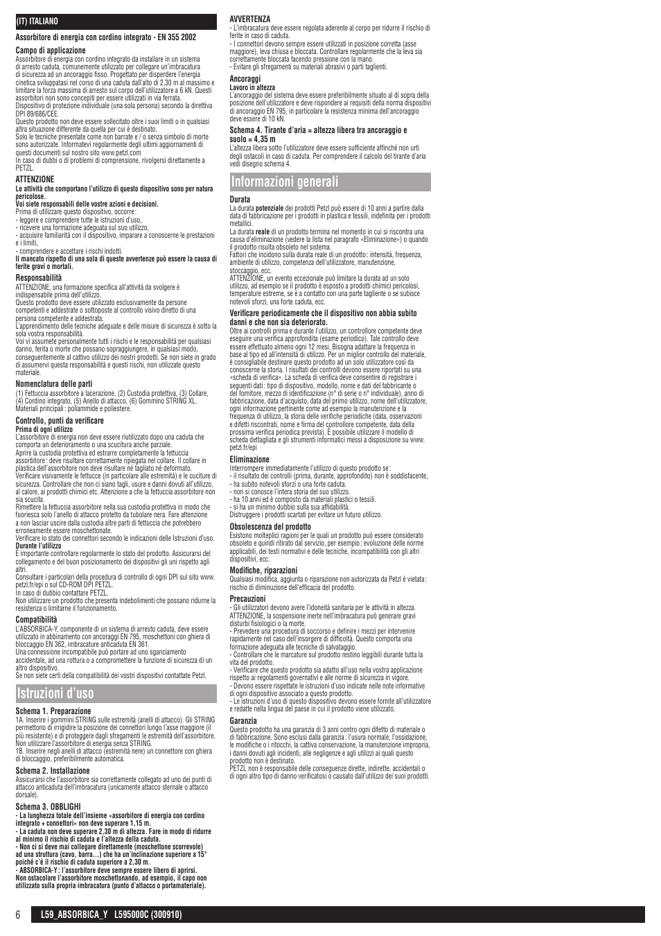 Istruzioni d’uso, Informazioni generali | Petzl ABSORBICA-Y 80 MGO User Manual | Page 6 / 23