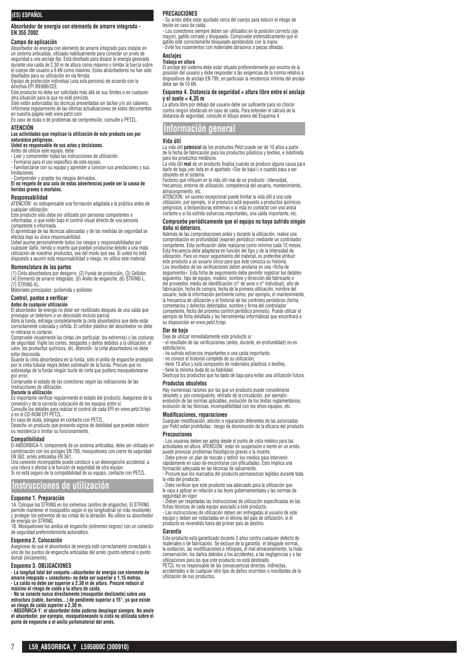 Instrucciones de utilización, Información general | Petzl ABSORBICA-Y 80 MGO User Manual | Page 7 / 23