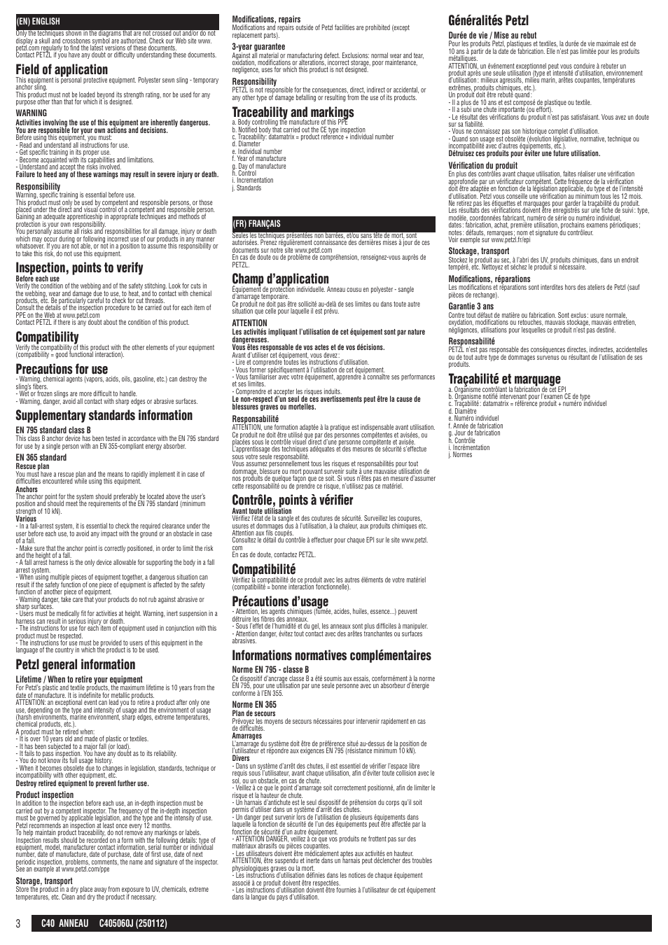 En, fr, Field of application, Inspection, points to verify | Compatibility, Precautions for use, Supplementary standards information, Petzl general information, Traceability and markings, Champ d’application, Contrôle, points à vérifier | Petzl ANNEAU User Manual | Page 3 / 12