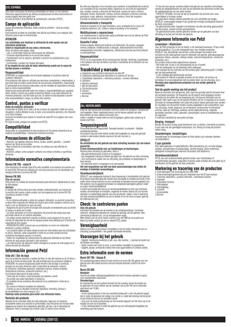 Es, nl, Campo de aplicación, Control, puntos a verificar | Compatibilidad, Precauciones de utilización, Información normativa complementaria, Información general petzl, Trazabilidad y marcado, Toepassingsveld, Check: te controleren punten | Petzl ANNEAU User Manual | Page 5 / 12